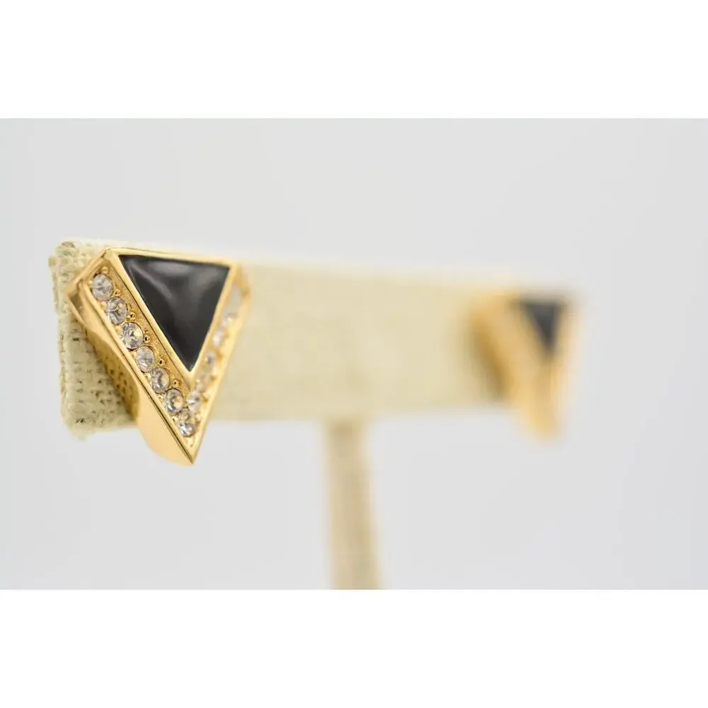 Vintage Triangle Earrings Black Enamel Pave Rhinestone Crystal Stud Gold 80s 9L